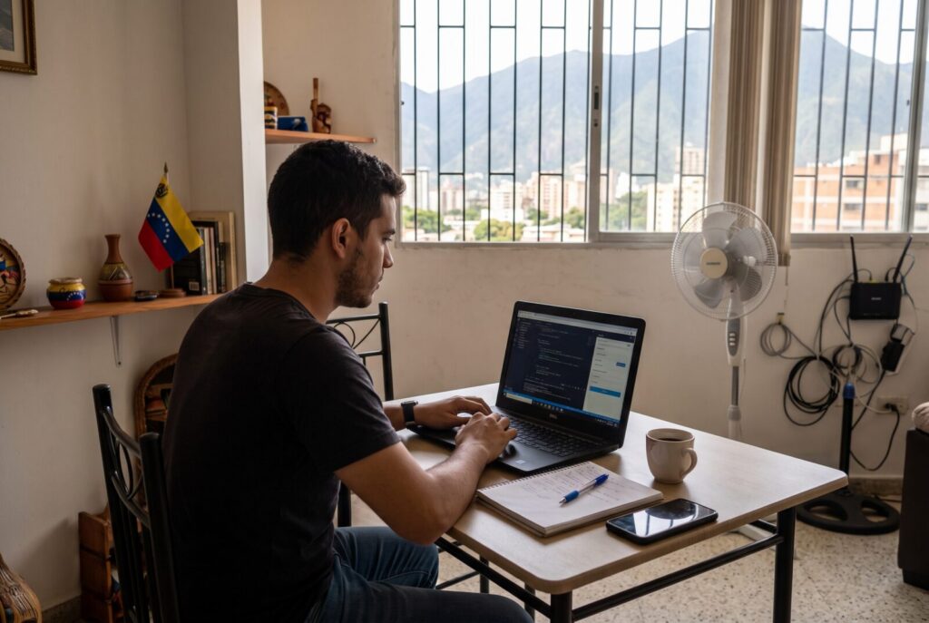 Joven venezolano trabajando con una computadora portátil en la mesa de su casa, con la bandera de Venezuela en un estante y el Ávila por la ventana.