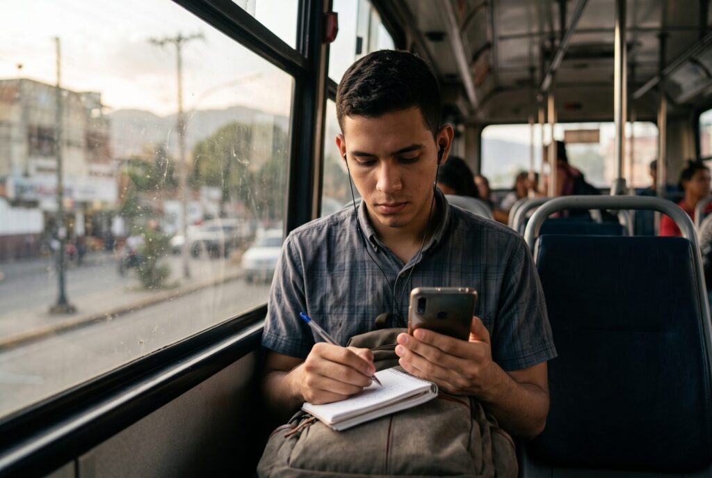 Joven con audífonos anota palabras en un cuaderno mientras escucha una lección en el teléfono, sentado en un autobús