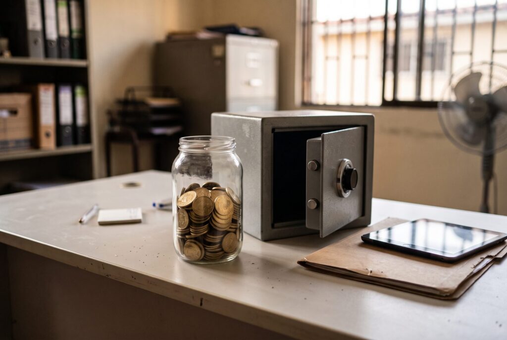 Tarro de vidrio con monedas doradas hasta la mitad junto a una pequeña caja fuerte abierta, sobre el escritorio de una oficina.
