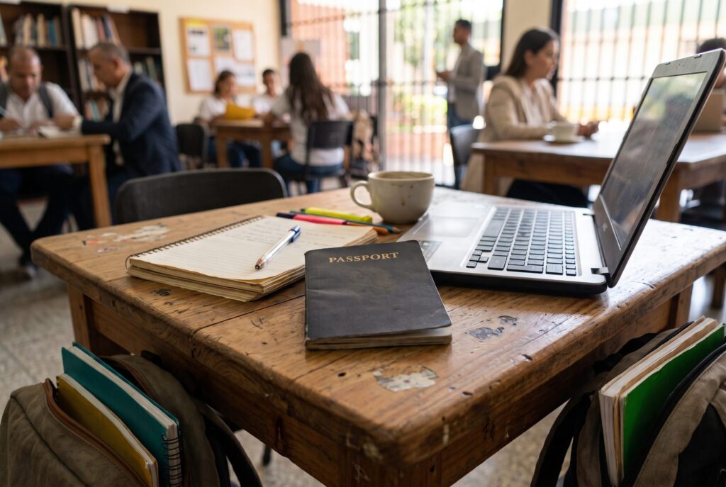 Pasaporte, libreta con bolígrafo, taza de café y computadora portátil sobre una mesa de madera, con personas trabajando al fondo