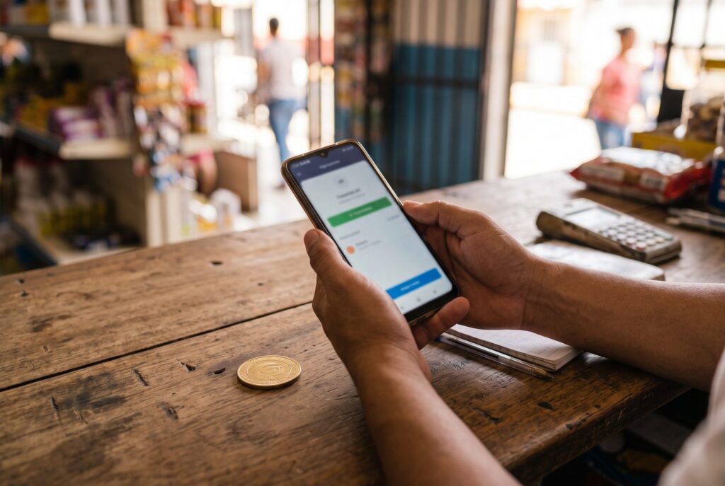 Manos que sostienen un teléfono con una aplicación de pagos sobre el mostrador de un pequeño comercio