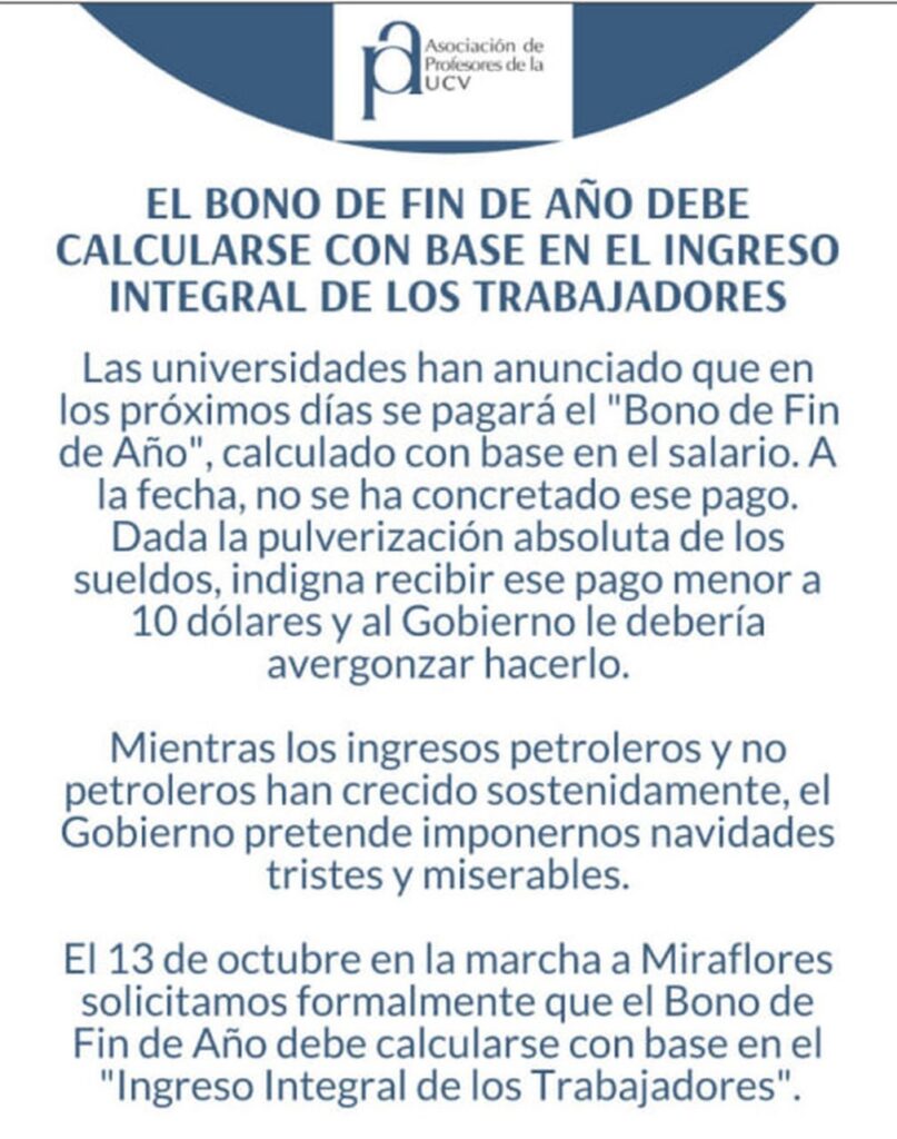 Comunicado de la Asociación de Profesores de la UCV: el bono de fin de año debe calcularse con base en el Ingreso Integral de los trabajadores.