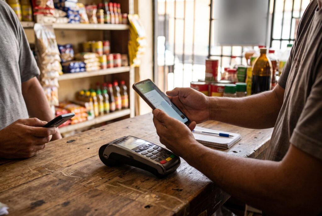 Manos de un comerciante en un abasto cobrando con el teléfono junto a un punto de venta