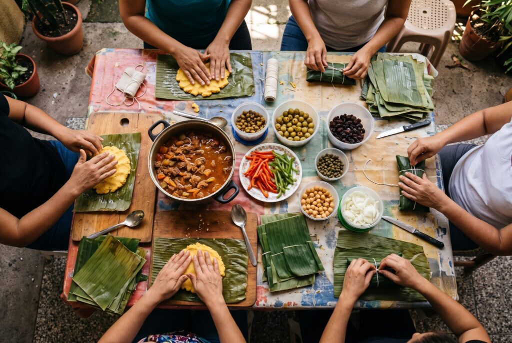 Vista desde arriba de una mesa de patio donde varias personas arman hallacas sobre hojas de plátano, con una olla de guiso, aceitunas, pasas, alcaparras y tiras de pimentón.