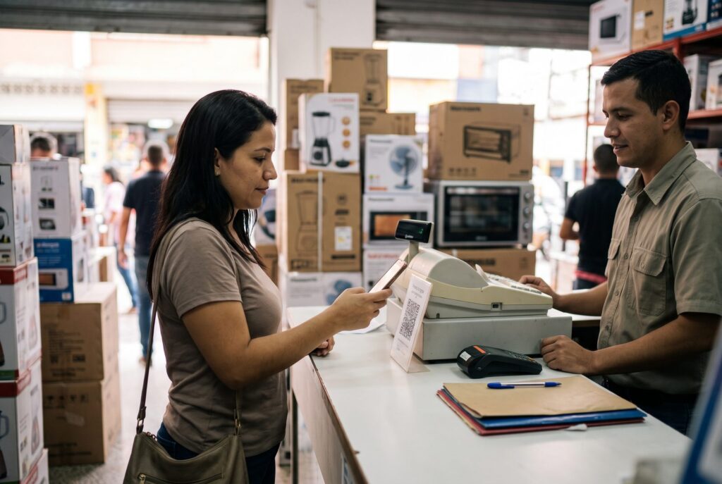 Mujer escanea con su teléfono un código en la caja de una tienda de electrodomésticos mientras el vendedor espera
