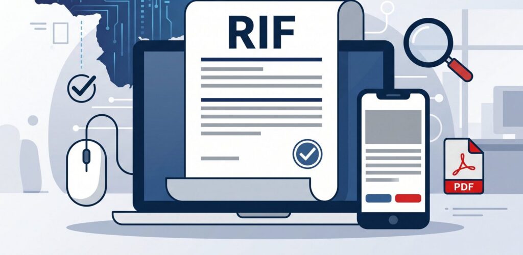 Documento del RIF sobre una laptop, junto a un teléfono, una lupa y un archivo PDF
