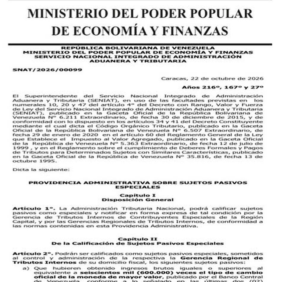 Primera página de la Providencia Administrativa SNAT/2026/00099 sobre Sujetos Pasivos Especiales, publicada en la Gaceta Oficial n.º 43.485 del 22 de octubre de 2026.