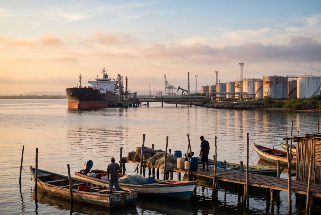 Puerto petrolero al amanecer con un buque tanquero y tanques de almacenamiento, y pescadores en un muelle de madera en primer plano
