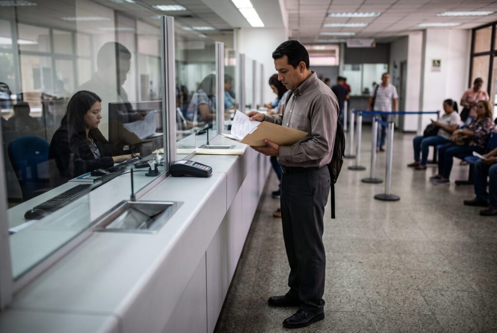 Hombre revisa una carpeta de documentos frente a la taquilla de una agencia bancaria