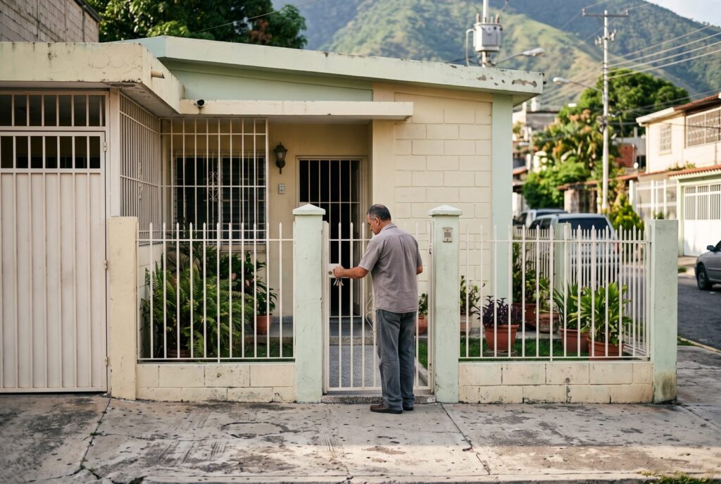 Hombre de espaldas abre con unas llaves la reja de una casa de una planta con jardín y matas, en una calle residencial con un cerro verde al fondo