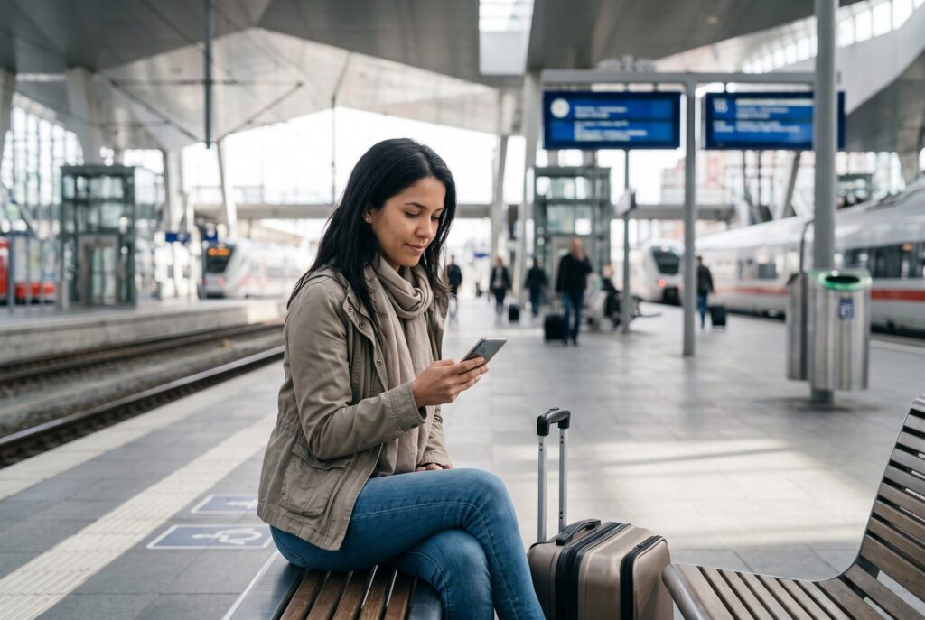 Mujer sentada en el banco de una estación de tren revisa la app de su banco en el teléfono, con una maleta al lado