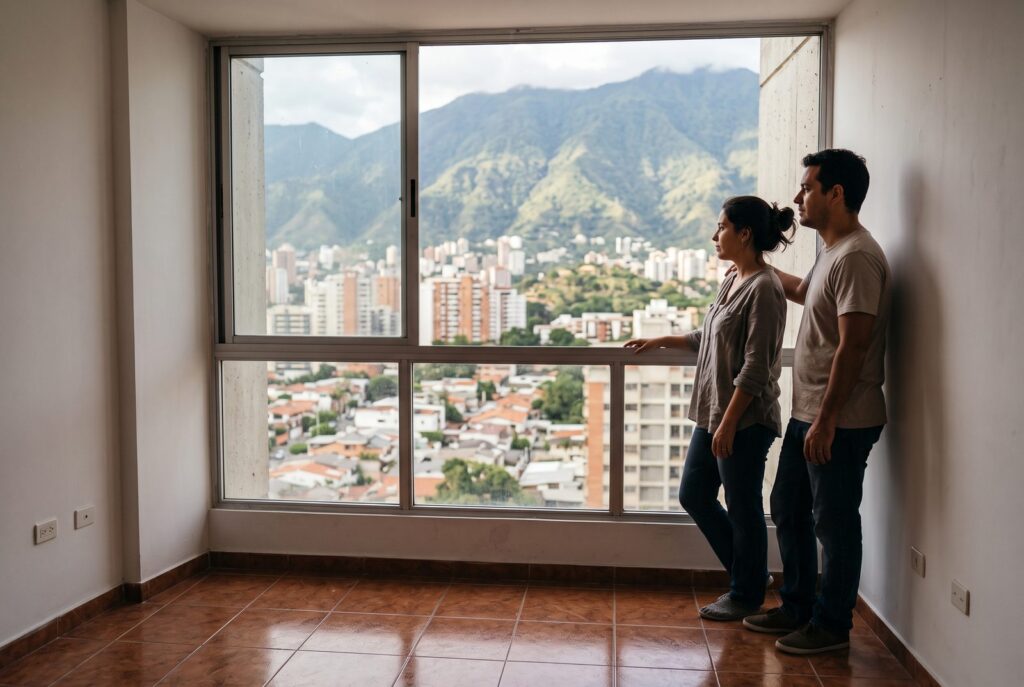 Pareja mira por el ventanal de un apartamento vacío con piso de cerámica, con edificios de la ciudad y una montaña verde al fondo