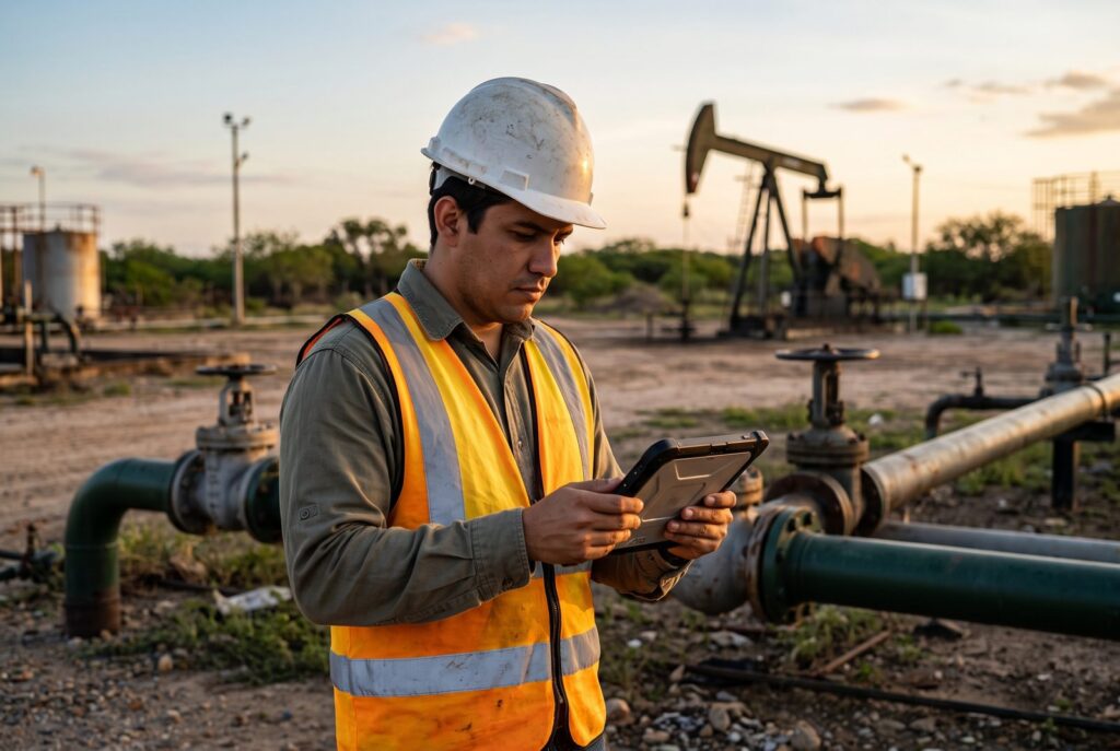 Ingeniero con casco y chaleco reflectante revisa una tableta junto a tuberías en un campo petrolero al atardecer