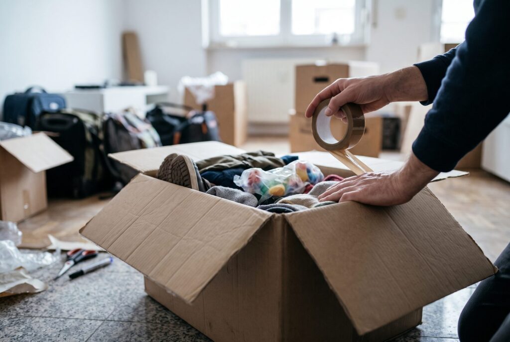 Manos cerrando con cinta adhesiva una caja de cartón llena de ropa, zapatos y un juguete envuelto, en el suelo de un apartamento con maletas y más cajas al fondo.