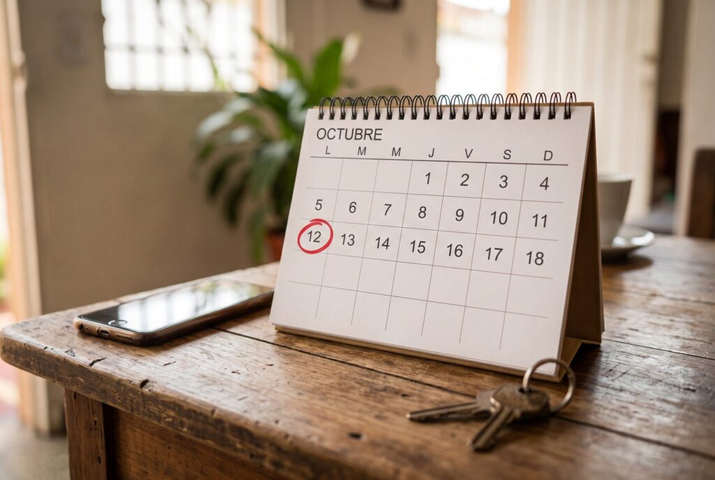 Calendario de escritorio de octubre con el lunes 12 marcado con un círculo rojo, junto a un teléfono y unas llaves sobre una mesa de madera.