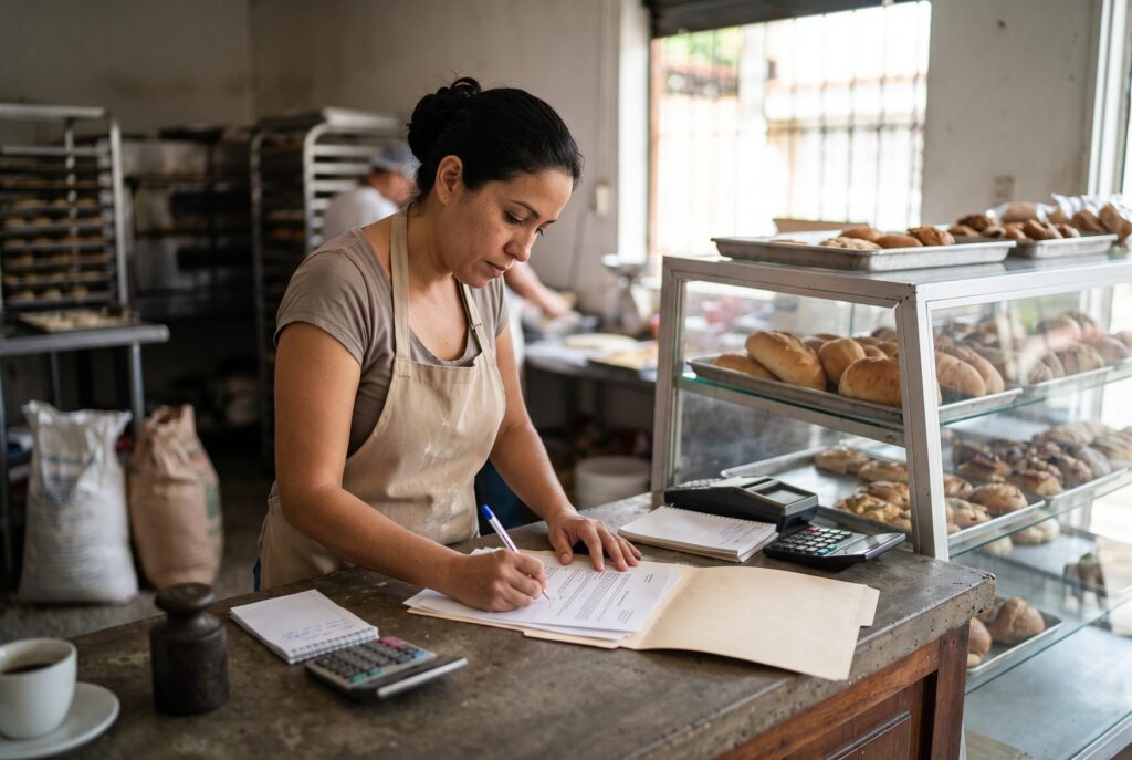 Mujer firma documentos en el mostrador de su panadería junto a una carpeta y una calculadora