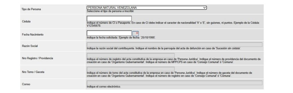 Primer paso de la inscripción en el RIF en el portal del Seniat: tipo de persona, cédula con la letra V o E y fecha de nacimiento