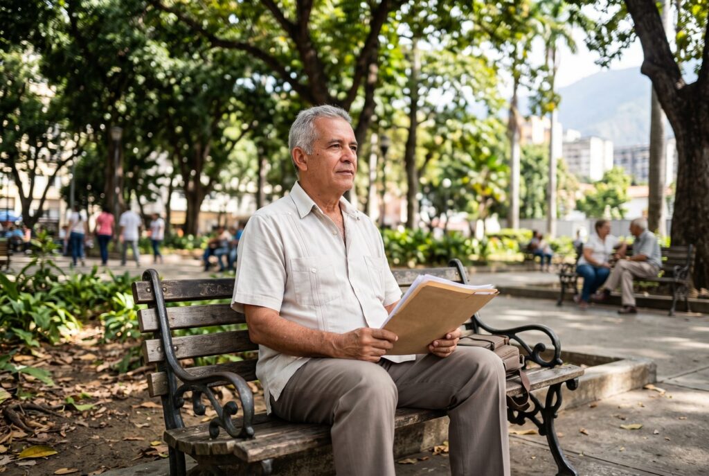 Hombre mayor sentado en un banco de una plaza arbolada con una carpeta de papeles en las manos