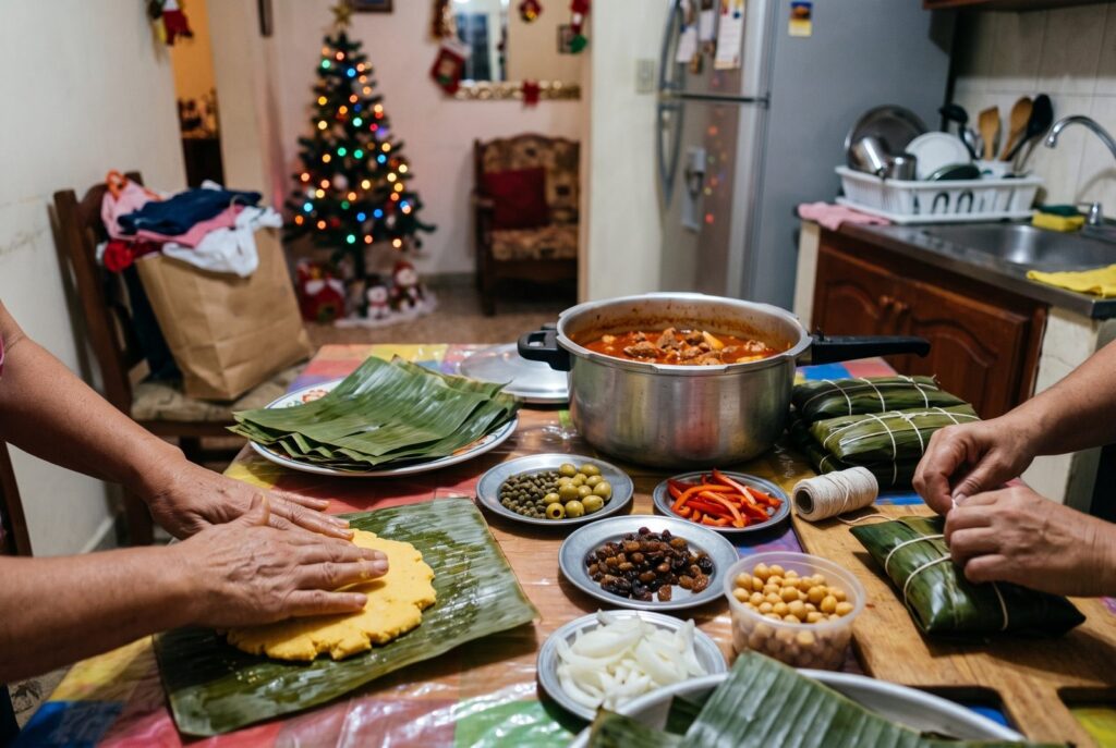 Manos preparan hallacas en una mesa de cocina con hojas de plátano, guiso y aliños; al fondo, un arbolito de Navidad y una bolsa con ropa nueva