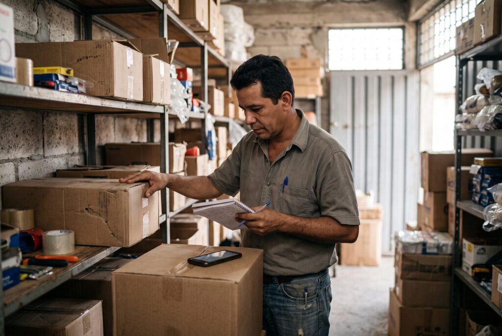 Hombre revisa mercancía en un pequeño depósito con estanterías y cajas de cartón, con una libreta en la mano y un teléfono apoyado en una caja