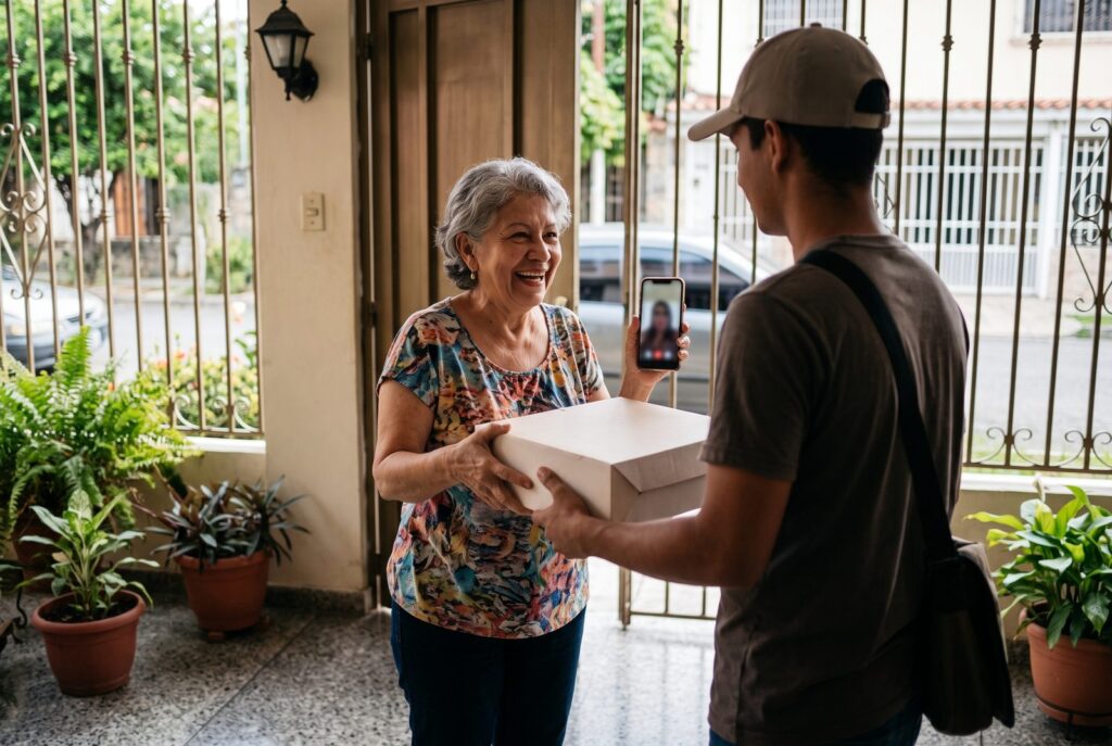 Señora sonriente recibe en la puerta de su casa una caja de torta de manos de un repartidor mientras hace una videollamada con su teléfono