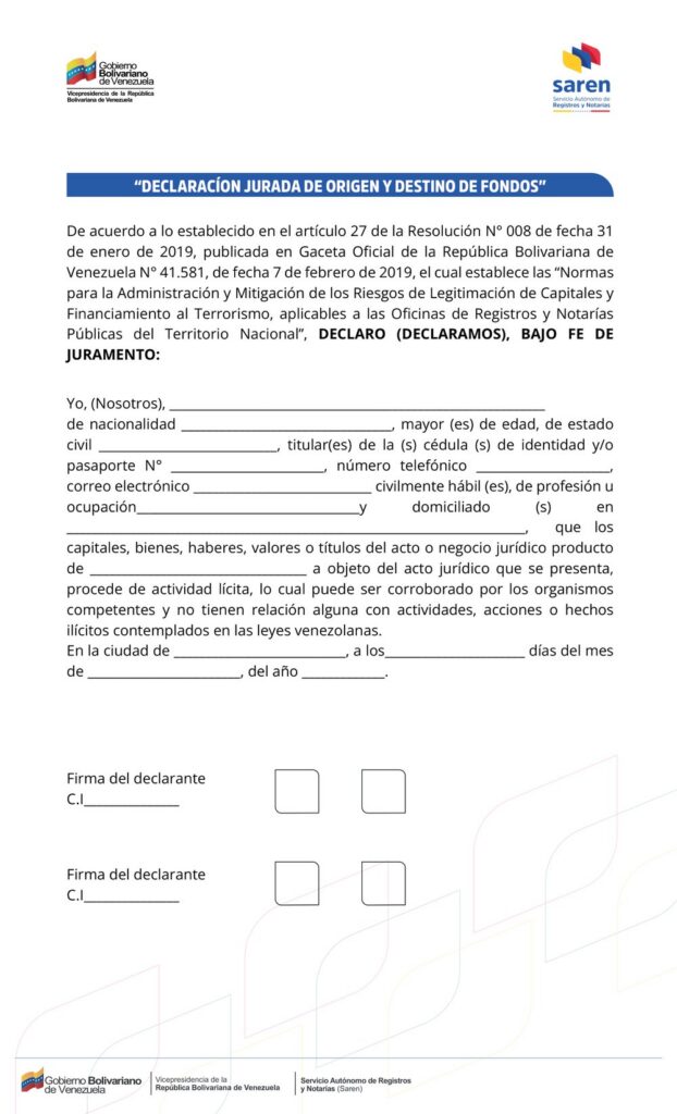 Planilla del SAREN «Declaración jurada de origen y destino de fondos», con los datos del declarante y el espacio para la firma y las huellas