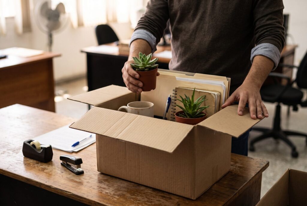 Trabajador guarda sus cosas en una caja de cartón sobre su escritorio de oficina: una planta, una taza, una libreta y carpetas