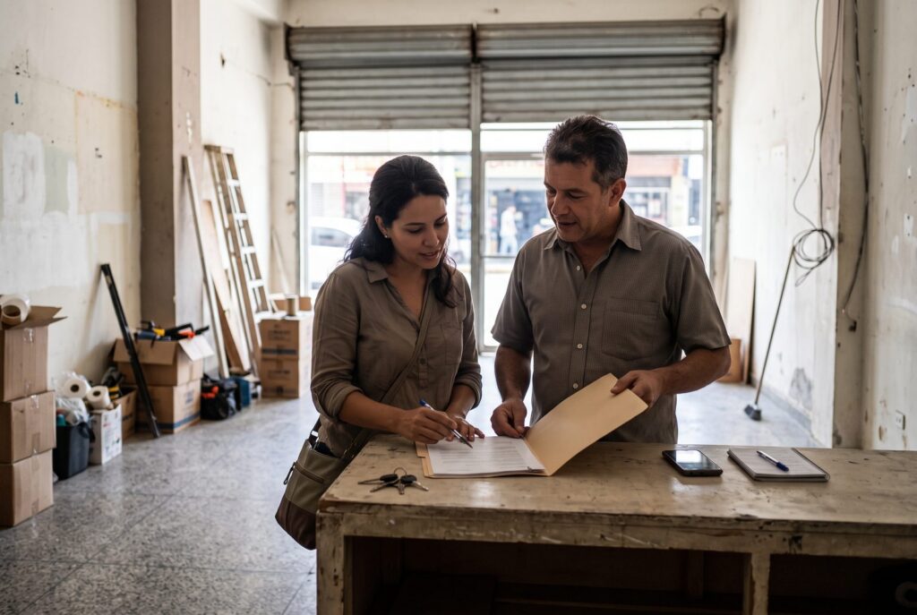 Una mujer y un hombre revisan una carpeta de documentos sobre el mostrador de un local comercial vacío, con cajas y una escalera al fondo