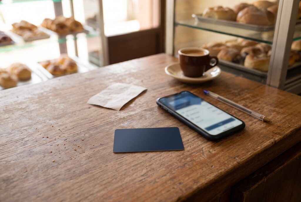 Tarjeta de crédito sin marca junto a un teléfono con una aplicación bancaria, sobre el mostrador de madera de una panadería.