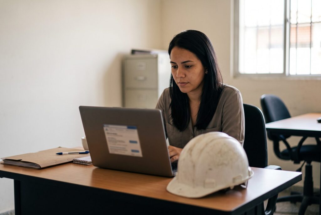 Mujer revisa ofertas de empleo en una computadora portátil junto a un casco blanco de seguridad sobre el escritorio