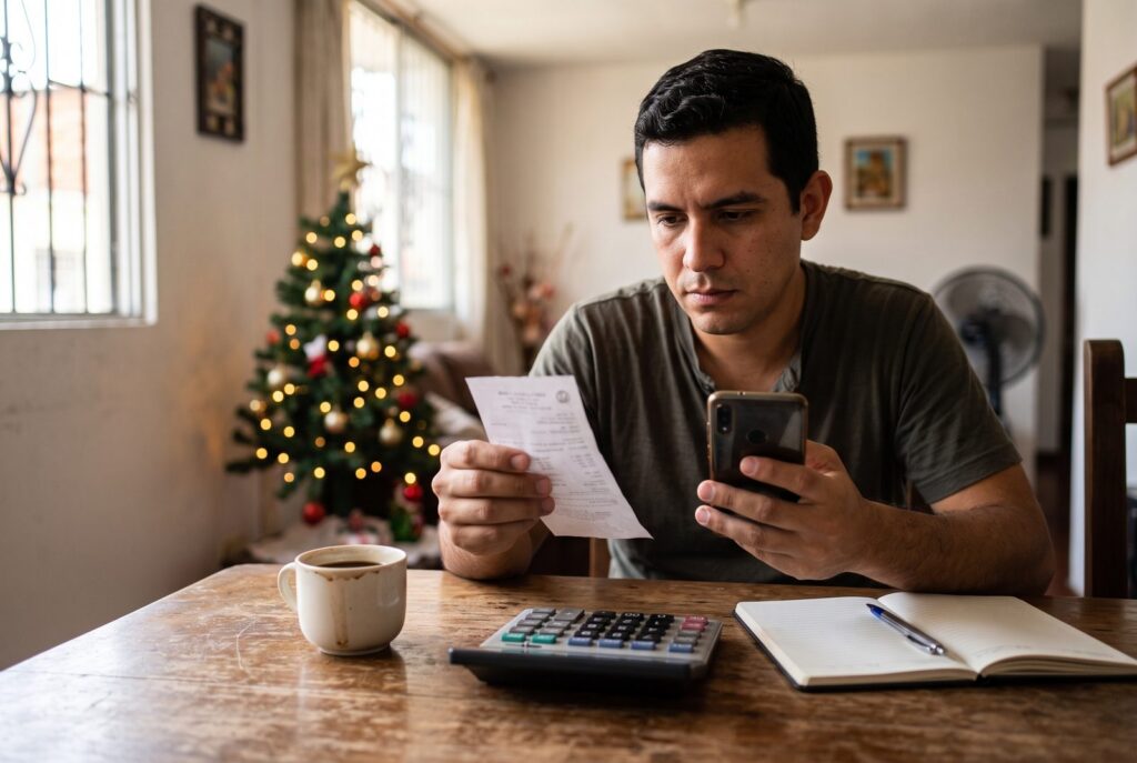 Hombre en la mesa de su casa revisa un recibo de pago y su teléfono junto a una calculadora, con un arbolito de Navidad al fondo