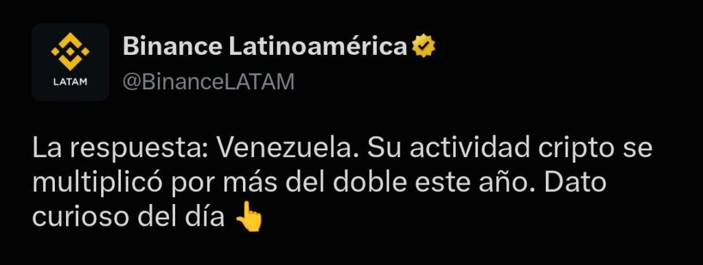 Publicación de Binance Latinoamérica en X: «La respuesta: Venezuela. Su actividad cripto se multiplicó por más del doble este año».