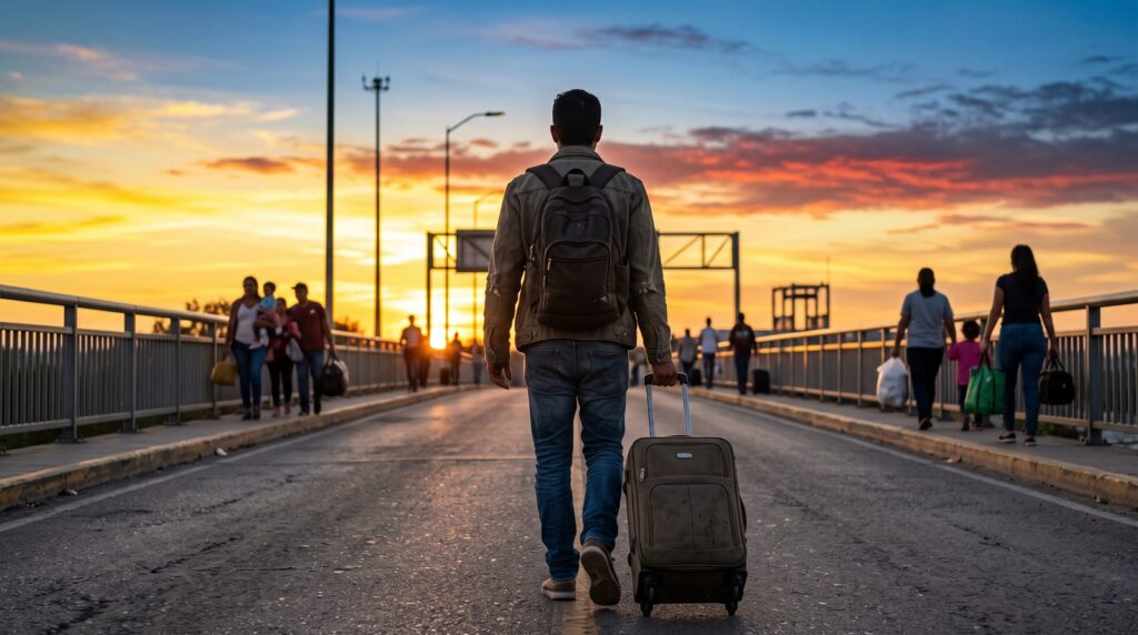 Viajero con morral arrastra una maleta por un puente fronterizo al atardecer, entre otras personas que cruzan en ambas direcciones